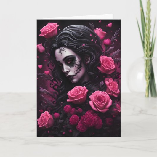 Getatoeëerde Gothic Vrouw Roze en Rode Bloemen Val Kaart (Voorkant)