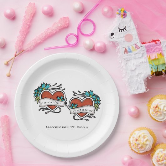 Getatoeëerde harten, tatoeage grafische bruiloft papieren bordje (Feest)