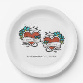 Getatoeëerde harten, tatoeage grafische bruiloft papieren bordje (Voorkant)