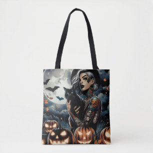 Getatoeëerde heks en zwarte kat Volle maan Hallowe Tote Bag