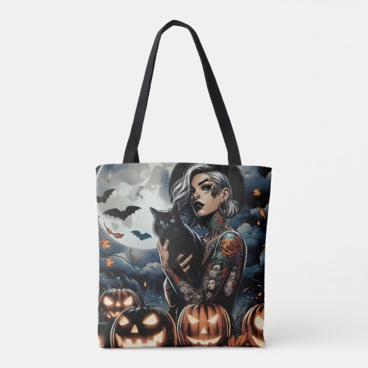 Getatoeëerde heks en zwarte kat Volle maan Hallowe Tote Bag (Achterkant)
