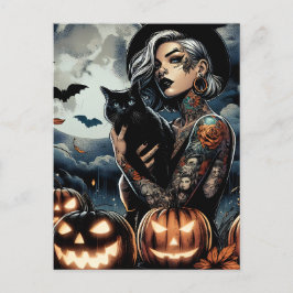 Getatoeëerde heks met zwarte kat en volle maan briefkaart