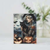 Getatoeëerde heks met zwarte kat en volle maan briefkaart (Staand voorkant)