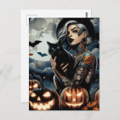 Getatoeëerde heks met zwarte kat en volle maan briefkaart (Voorkant / Achterkant)