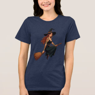 Getatoeëerde Heks Zat Wijdbeens op een Bezem Vecto Tri-Blend Shirt