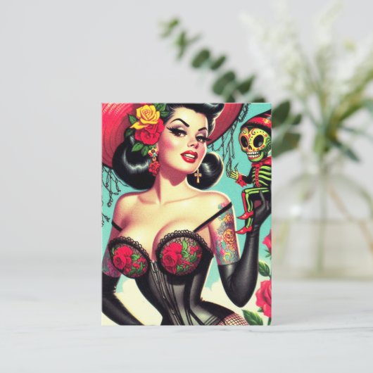 getatoeëerde heksenpin-up briefkaart (Staand voorkant)