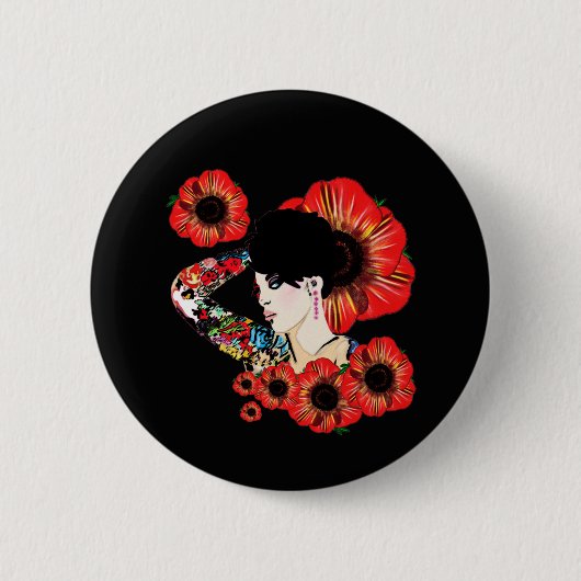 Getatoeëerde meid tussen klaprozen Kunst van LeahG Ronde Button 5,7 Cm (Voorkant)