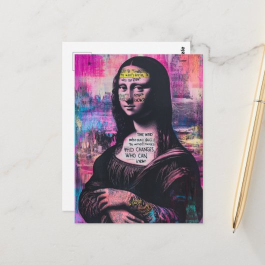 Getatoeëerde Mona Lisa Mixed Media Collage Briefkaart (Voorkant / Achterkant in situ)