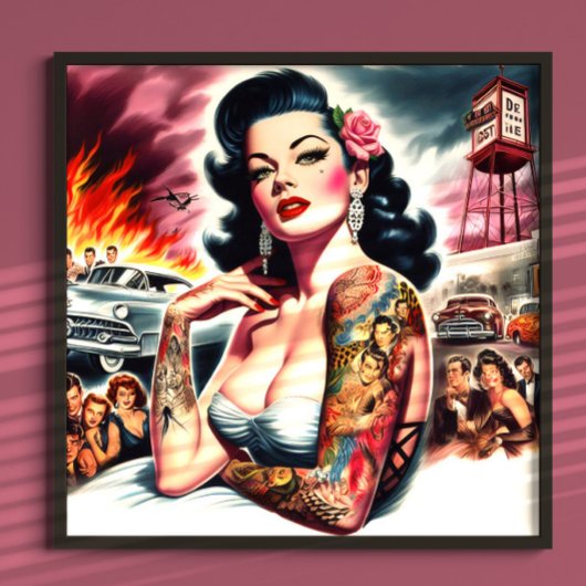 Getatoeëerde vintage pin-up poster
