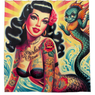 getatoeëerde zeemeermin pin-up douchegordijn