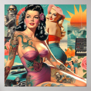 Getatoeëerde Zomer Pin-up Collage Poster