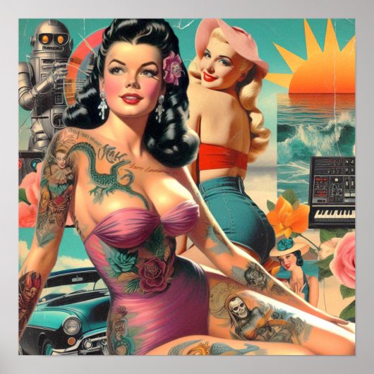 Getatoeëerde Zomer Pin-up Collage Poster (Voorkant)