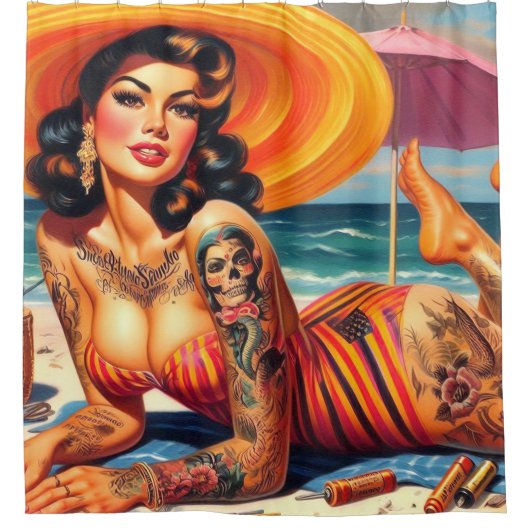 Getatoeëerde zomerpin-up douchegordijn (Voorkant)