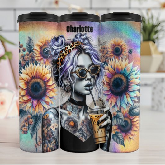 Getatoeëerde Zonnebloem Luipaard Koffie Cool Thermosbeker