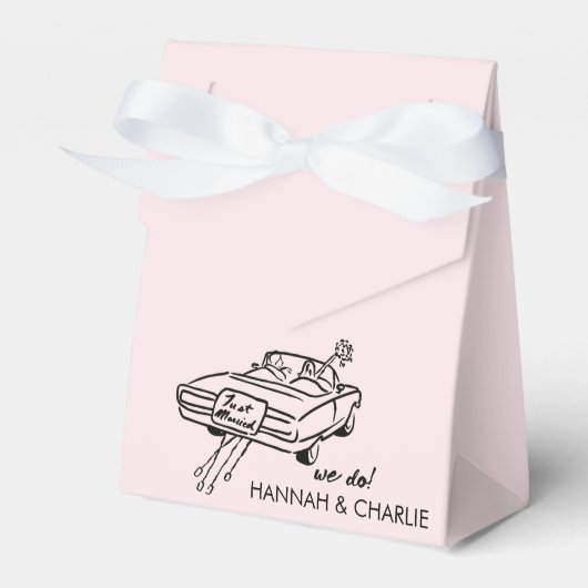Getaway auto schets bruiloft bedankdoosjes (Voorkant Zijde)
