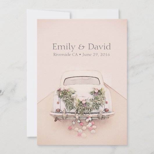 Getaway Car Wedding Romantische Blush Roze Uitnodi Kaart (Achterkant)