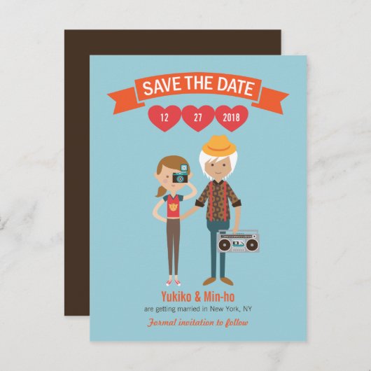 Getekend Cartoon Koppel Portret Trouwdag Aankondigingskaart (Voorkant / Achterkant)