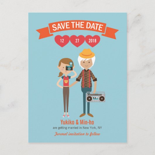 Getekend Cartoon Koppel Portret Trouwdag Aankondigingskaart (Voorkant)