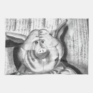 Getekend Knuffel Varkentje in Houtskool Theedoek