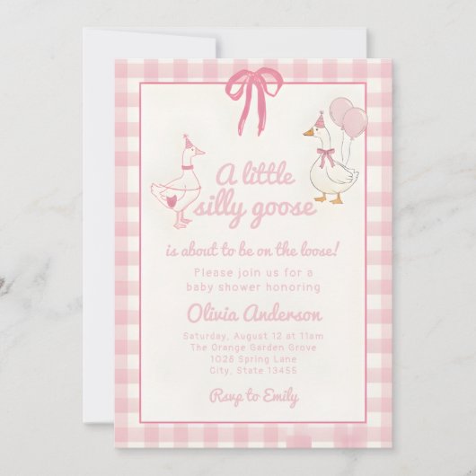 Getekende domme gans roze geruite lint baby shower kaart (Voorkant)