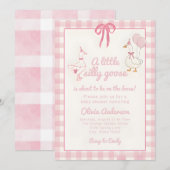 Getekende domme gans roze geruite lint baby shower kaart (Voorkant / Achterkant)