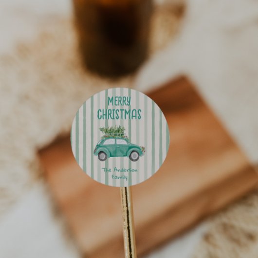  getekende eigenzinnige autoboom vrolijk kerstfees ronde sticker