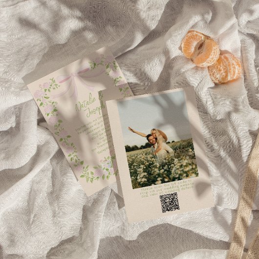 Getekende groene roze strik bloemige foto QR-code Kaart