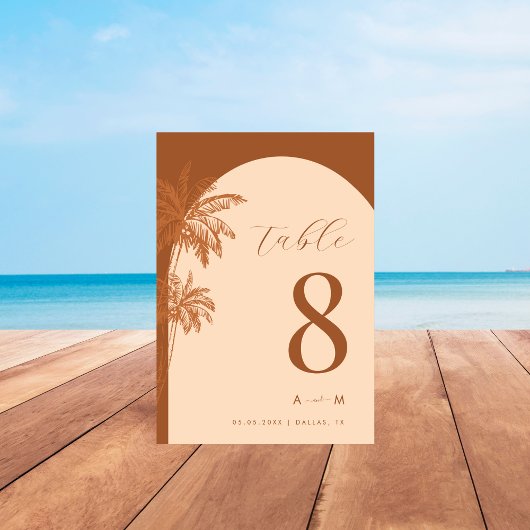 Getekende palmboom terracotta monogram strand brui kaart