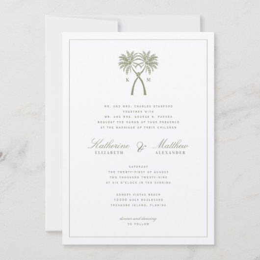 Getekte palmbomen Tropische bestemming bruiloft Kaart (Voorkant)