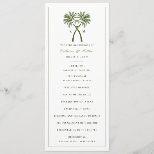 Getekte palmbomen Tropische bestemming bruiloft Programmakaart (Voorkant)