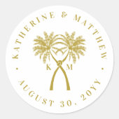 Getekte palmbomen Tropische bestemming bruiloft Ronde Sticker (Voorkant)