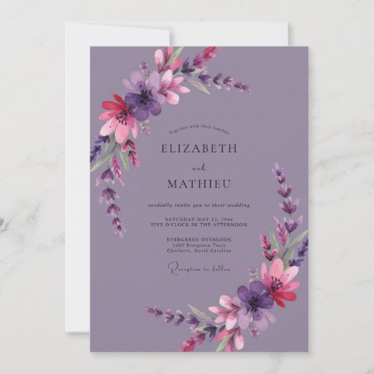 Getemperde Paarse Wilde Bloemen Bruiloft Kaart (Voorkant)