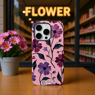 Getextureerd bloempatroon met paarse bloemen iPhone 16 pro hoesje