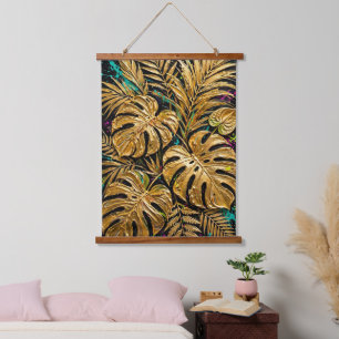 Getextureerd Goud Tropische Bladeren Neon Spatten Hangend Wandkleed