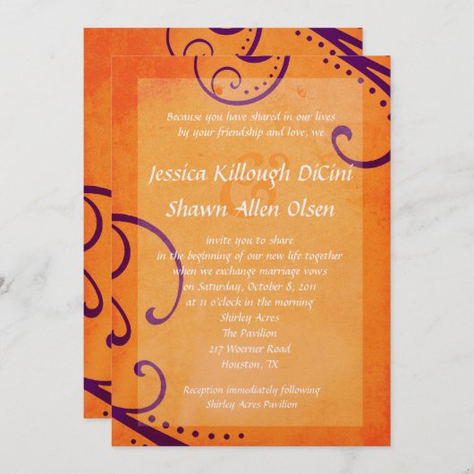 Getextureerd Sinaasappel met Plum Swirls Wedding I Kaart (Voorkant / Achterkant)