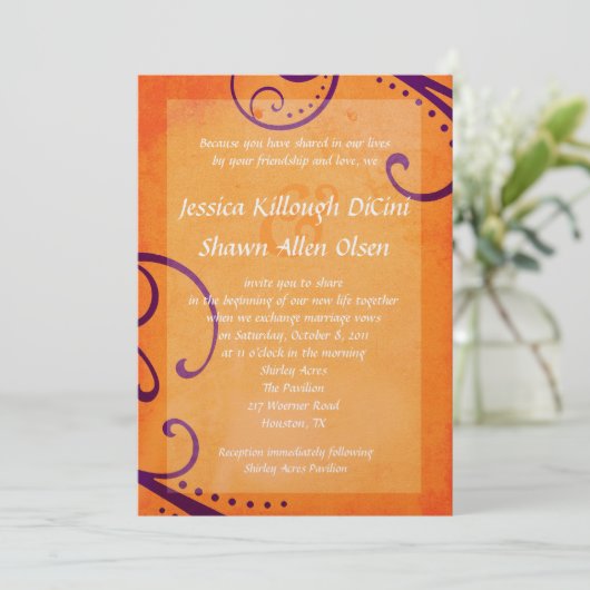 Getextureerd Sinaasappel met Plum Swirls Wedding I Kaart (Staand voorkant)