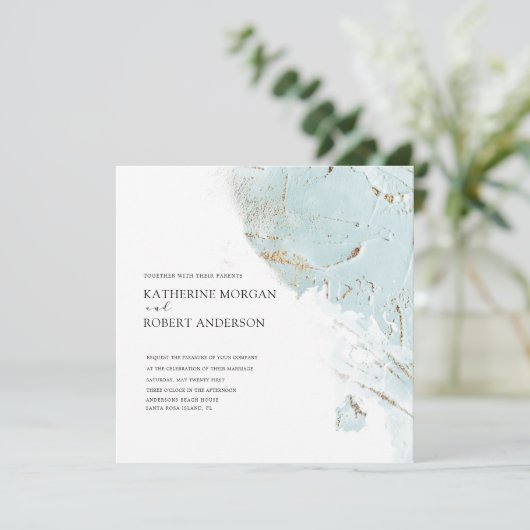 getextureerde blauwe gouden moderne trouwuitnodigi kaart (Staand voorkant)