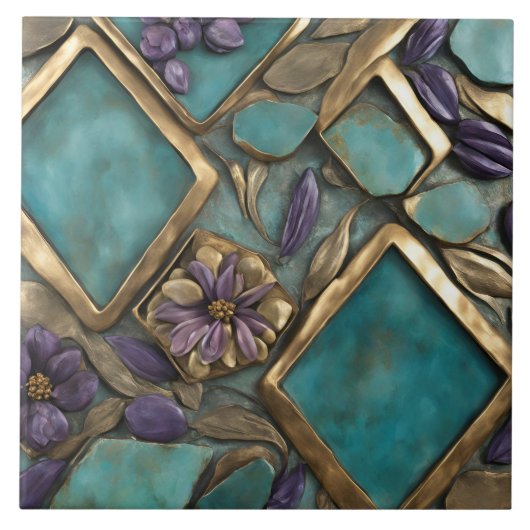 Getextureerde bloemkunst in turquoise en goud tegeltje (Voorkant)