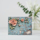 Getextureerde Coral Rozen op Distressed Blauwgroen Briefkaart (Staand voorkant)