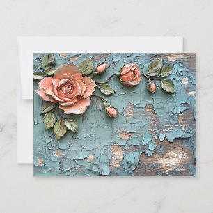 Getextureerde Coral Rozen op Distressed Blauwgroen Briefkaart