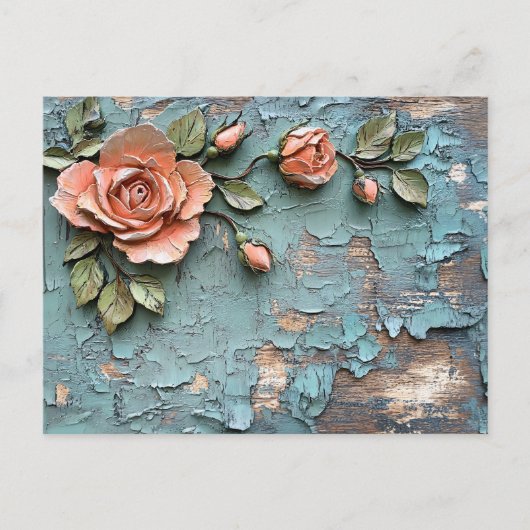 Getextureerde Coral Rozen op Distressed Blauwgroen Briefkaart (Voorkant)