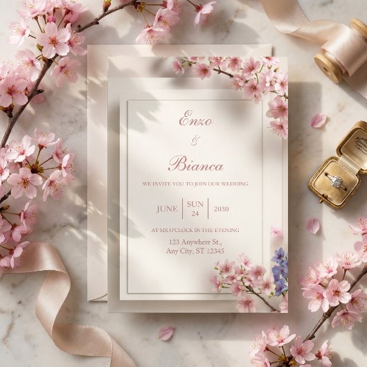 Getextureerde Crème Roze Sakura Botanisch Frame Tr Kaart