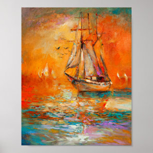 Getextureerde Oranje impressionistische zeegezicht Poster