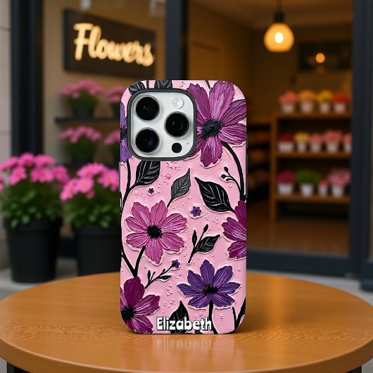 Getextureerde paarse bloemen op roze Case-Mate iPhone case