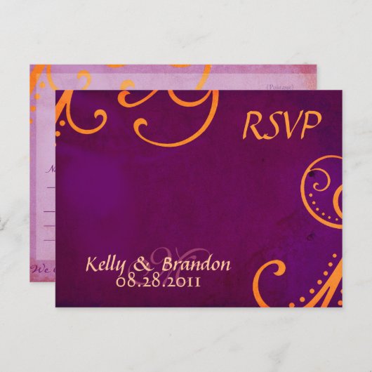 Getextureerde Plum w / Oranje wervelingen RSVP Bri Uitnodiging Briefkaart (Voorkant / Achterkant)
