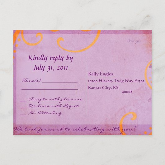 Getextureerde Plum w / Oranje wervelingen RSVP Bri Uitnodiging Briefkaart (Achterkant)