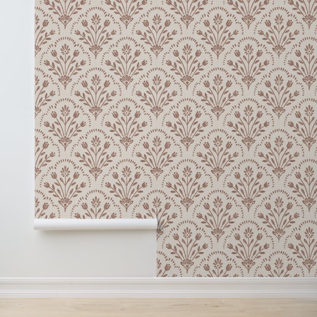 Getextuurd warm bruin bloemmotief met schelpvorm behang (Applicatie)
