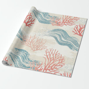 Getextuurde koraal botanische takken in kustblauw cadeaupapier