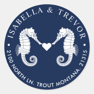 Getij van de liefde   Dual Seahorse Navy Retouradr Ronde Sticker