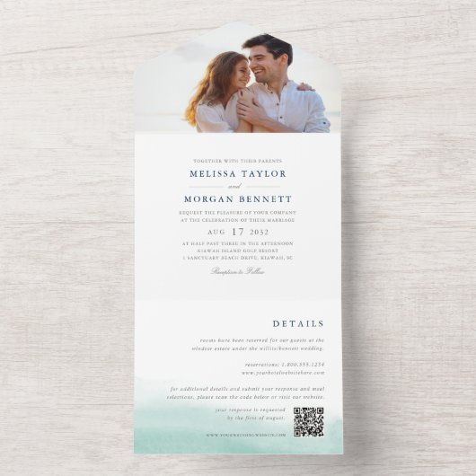 getijden van zeeglas | Kustbruiloft Waterverf All In One Uitnodiging (Binnen)